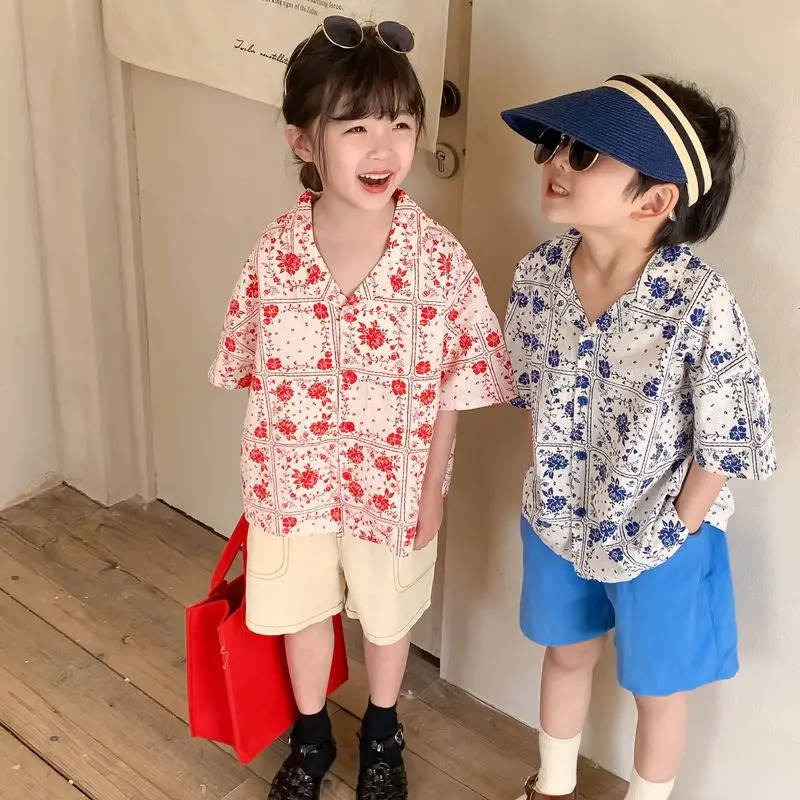 

Summer Fashion Retro Style Floral Loose Short Sleeve Shirts Boys and Girls Cotton Cool Holiday Tops