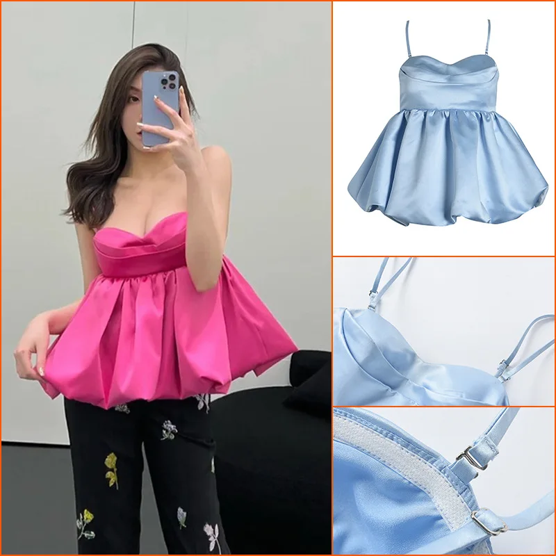 

Niche Sweet and Spicy Style Sexy Bottoming Puffy Top Women's 2022 Spring and Summer New Pleated Camisole Vest Women's Tide