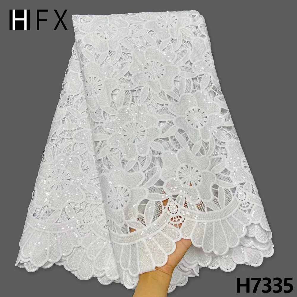 

HFX 2022 African Guipure Cord Lace Fabrics Pure White Sequins Nigerian Water Soluble Lace Fabric For Wedding Dress Sew F7335