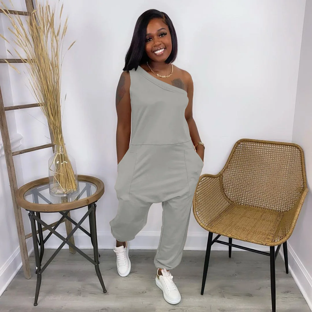 Casual Sleeveless Jumpsuit Womens Sexy One Shoulder Pocket Rompers 2022 Summer Solid Outfits Bodycon Workout Overalls