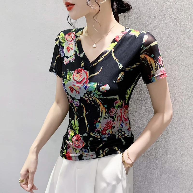 # 5764 Черная сетчатая футболка женская с 3D цветочным принтом коротким рукавом