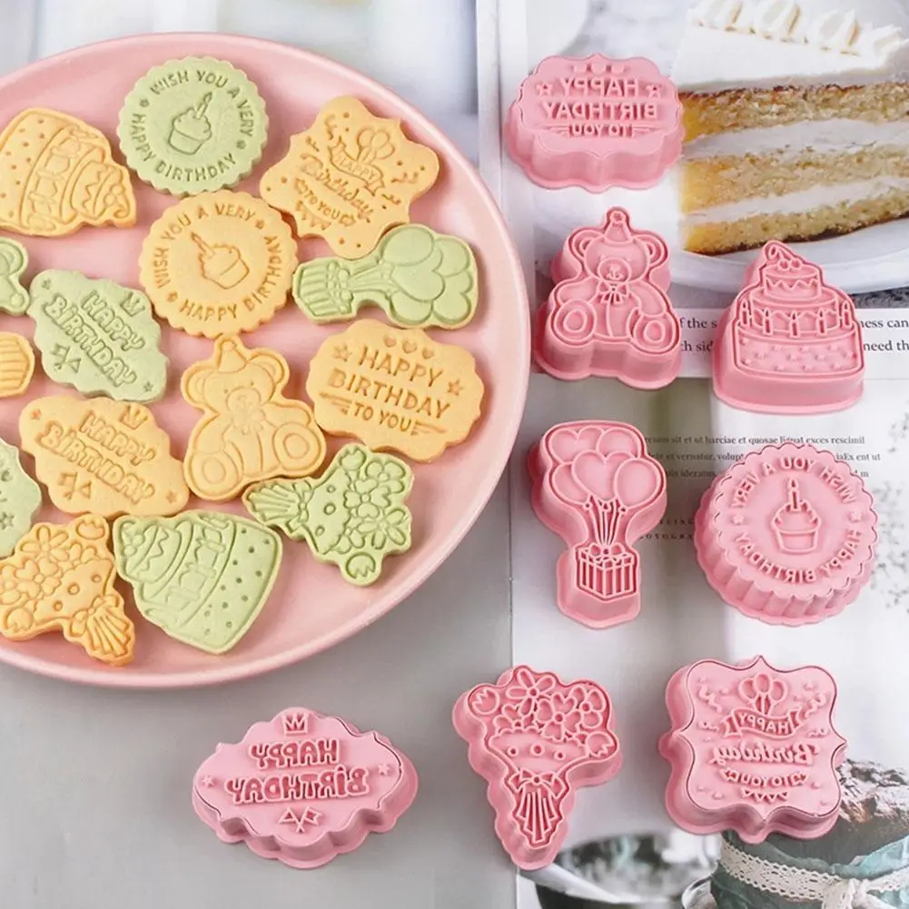 

8Pcs Birthday Theme Cookie Cutters Plastic 3D Pressable Biscuit Mold Cookie Stamp Kitchen Baking Tools Kids Birthday Party Decor
