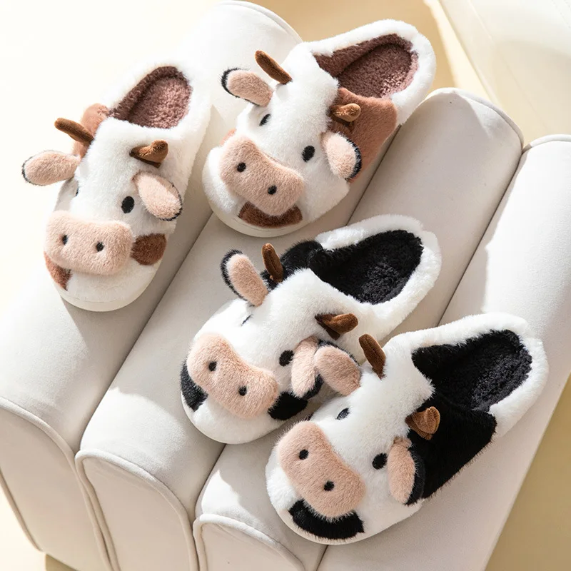 2022 Winter Anti-Skid Cotton Slippers Women Design Animal Funny Warm Plush Ladies' Slides Indoor Cartoon Cute Dairy Cattle Shoes