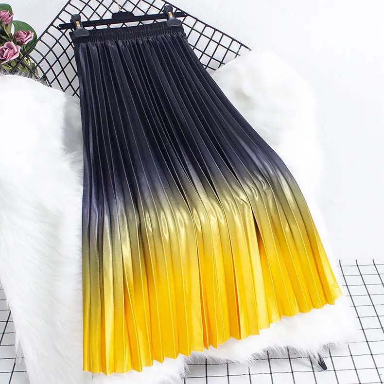 Early Autumn Women's Half Skirt Gradual Color Cotton High Waist Stripe Large Skirt Pleated Skirt Medium Long A-line Skirt