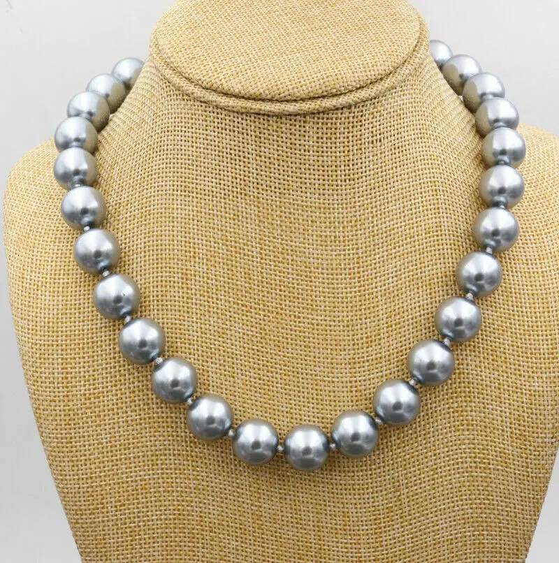 

Big 14mm Round Gray South Sea Shell Pearl Gemstone Beads Necklace 18" AAA Grade