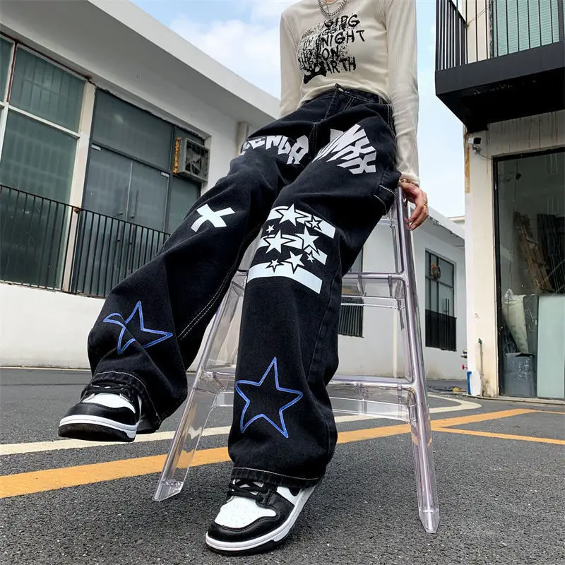 Ins Harajuku Wind High Street Simple Star Letter Print Trend Jeans Men and Women Loose Straight Pants