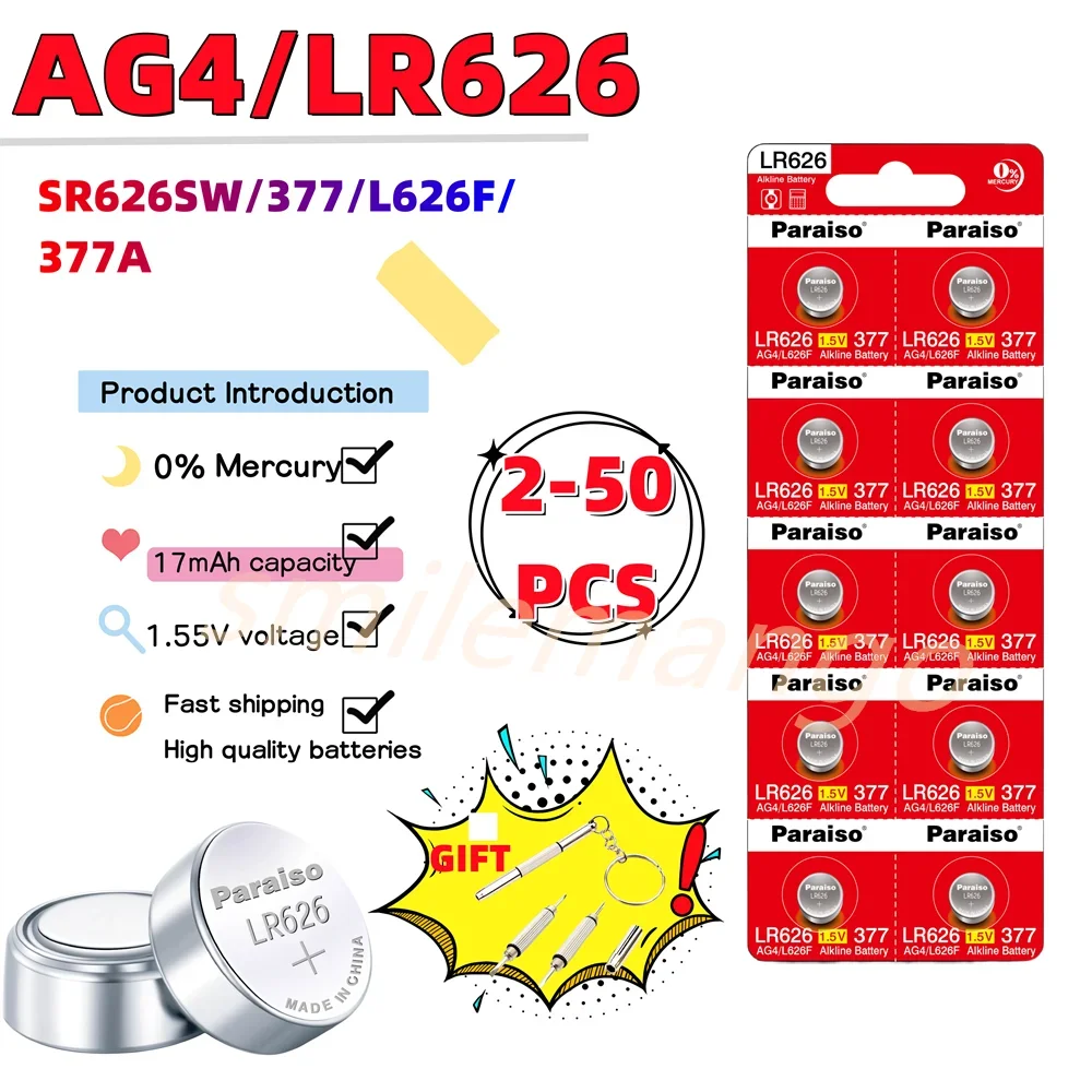 Фото Высокое качество AG4 LR626 1,55 В щелочная батарея для часов 377 SR626 177 626A 377A CX66W для игрушечного калькулятора, автомобильного ключа, часов, кнопочный элемент №1