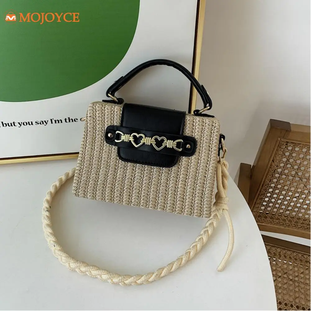 

Vintage Women Straw Small Square Handbag Love Buckle PU Splicing Top-Handle Bags Summer Woven Purse for Travel