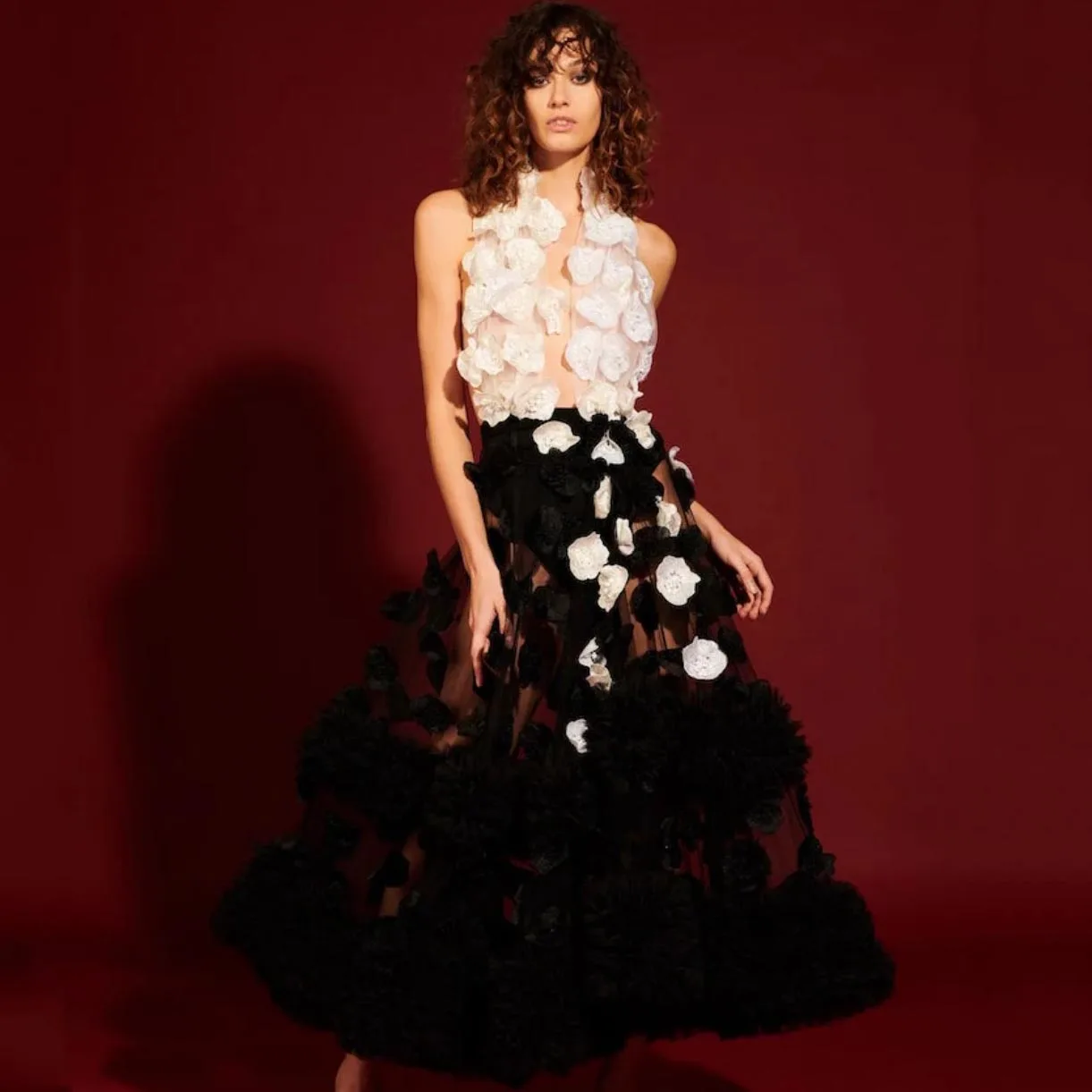 

V-neck Prom Dress 3D Floral Dress Black & White Evening Dresses Ankle Length Women Gowns Transparent Party Dresses Applique