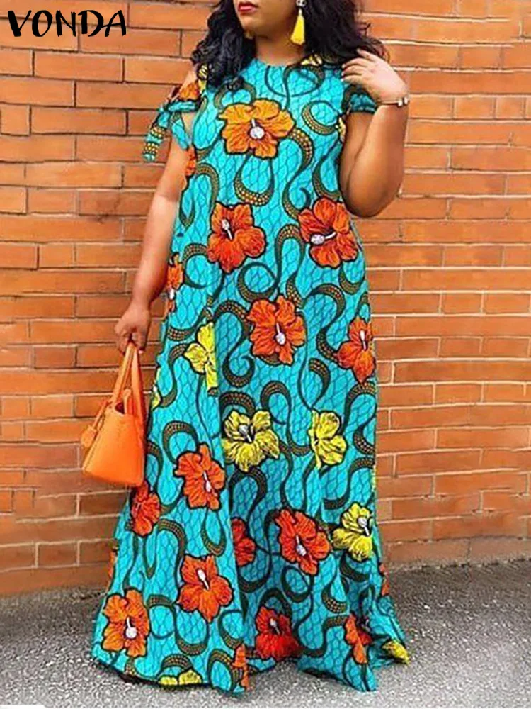 

VONDA 2022 Women O-Neck Vestido Casual Party Long A-Line Street Maxi Robe Off Shoulder Floral Printed Evening Party Dress Femme