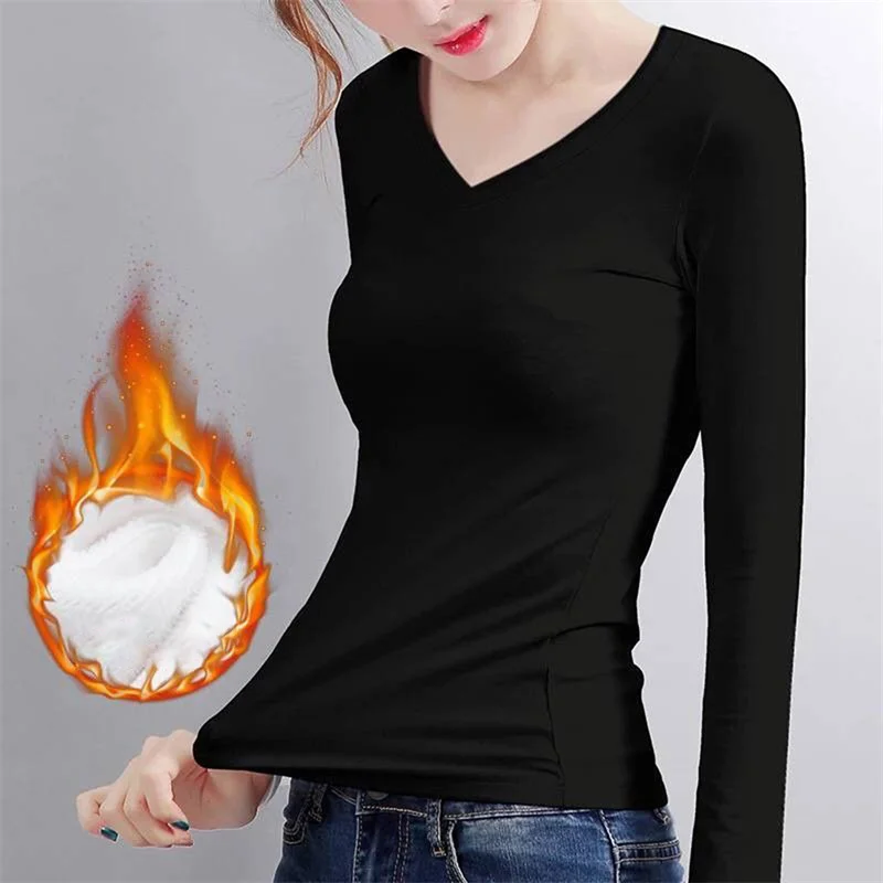 Women Autumn Winter Bottoming Shirt Constant Temperature Plus Velvet Long-sleeved T-shirt Thin Velvet Heating Fiber Thermal Top