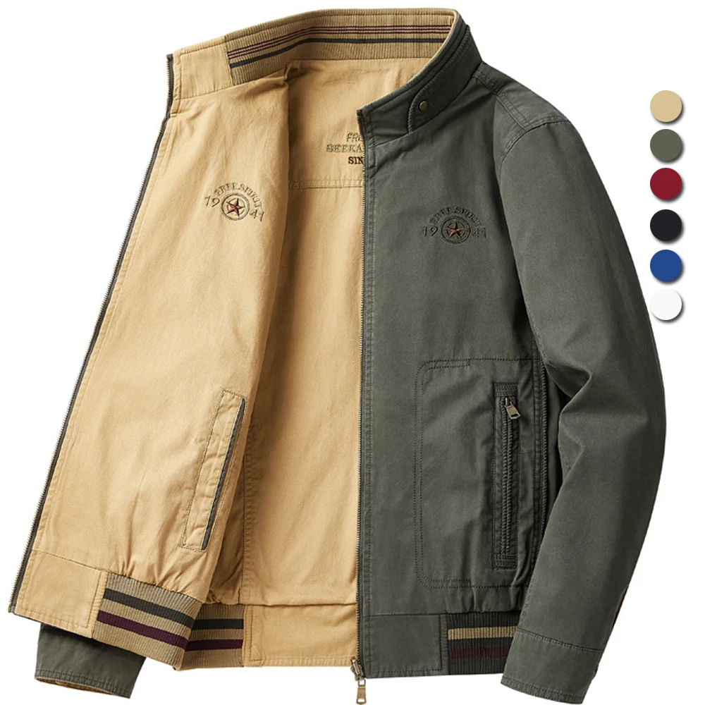 

100% Pure Cotton Casual Bomber Jacket Men Double Sided Baseball Jackets Middle-aged Loose Stand Collar Coats Spring Autumn 6XL