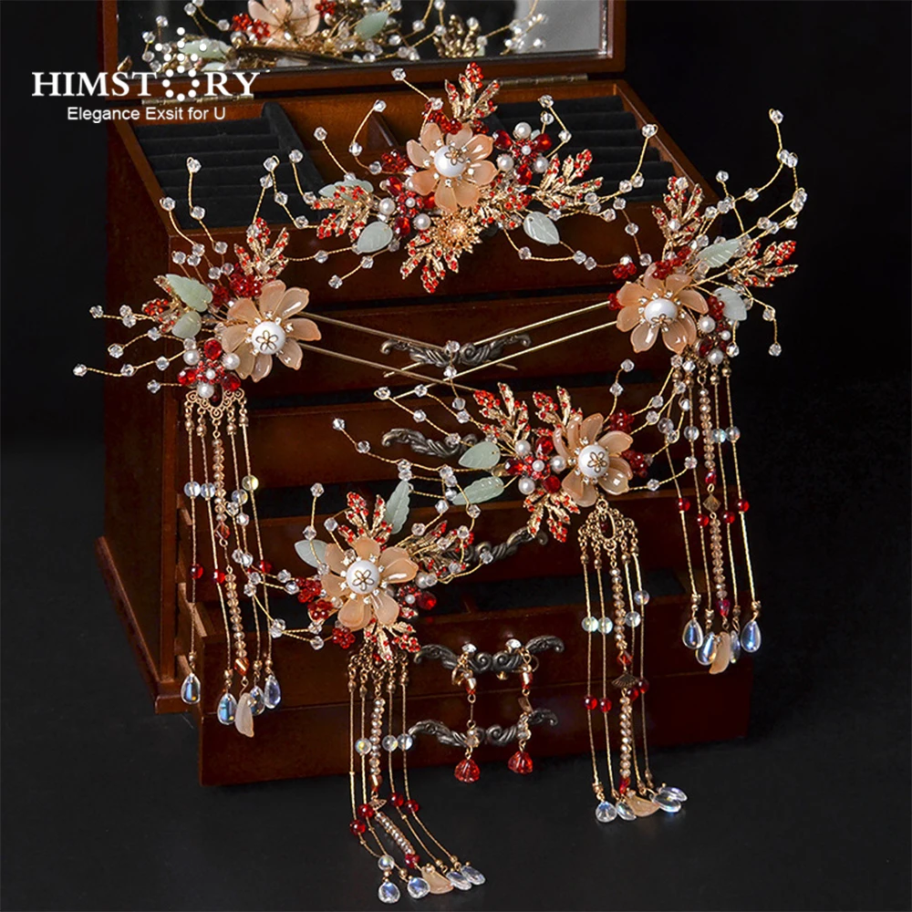 

HIMSTORY Fresh Crystal Flower Vintage Wedding Bridal Hair Accessories Hairpins Ear Set Costume Headpiece Jewelries