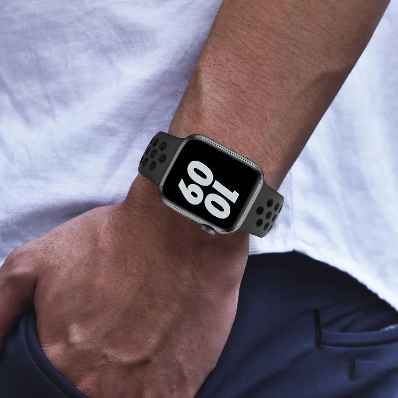 Дышащий спортивный ремешок с силиконовым отверстием для Apple Watch Band 44 мм 45 мм 41 мм 38 мм 42 мм, браслет для Apple Watch 7 6 SE 5 4 3 Series (art.: 3920bb047d7d1) - 3920bb047d7d1