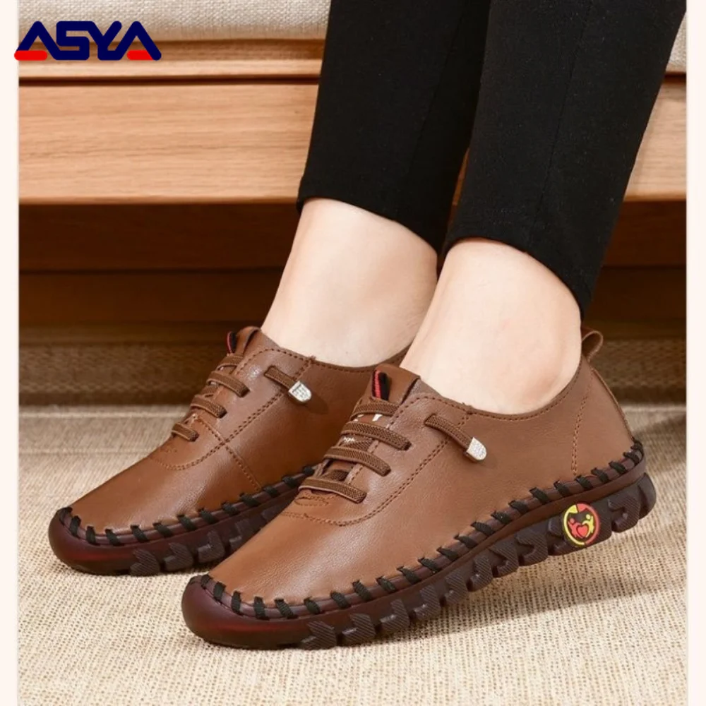 ASYAPOY Women Sneakers Breathable Flat Shoes Platform Loafers Lace Up Leather Slip-On New Fashion Casual Mom Shoe Zapatos Mujer