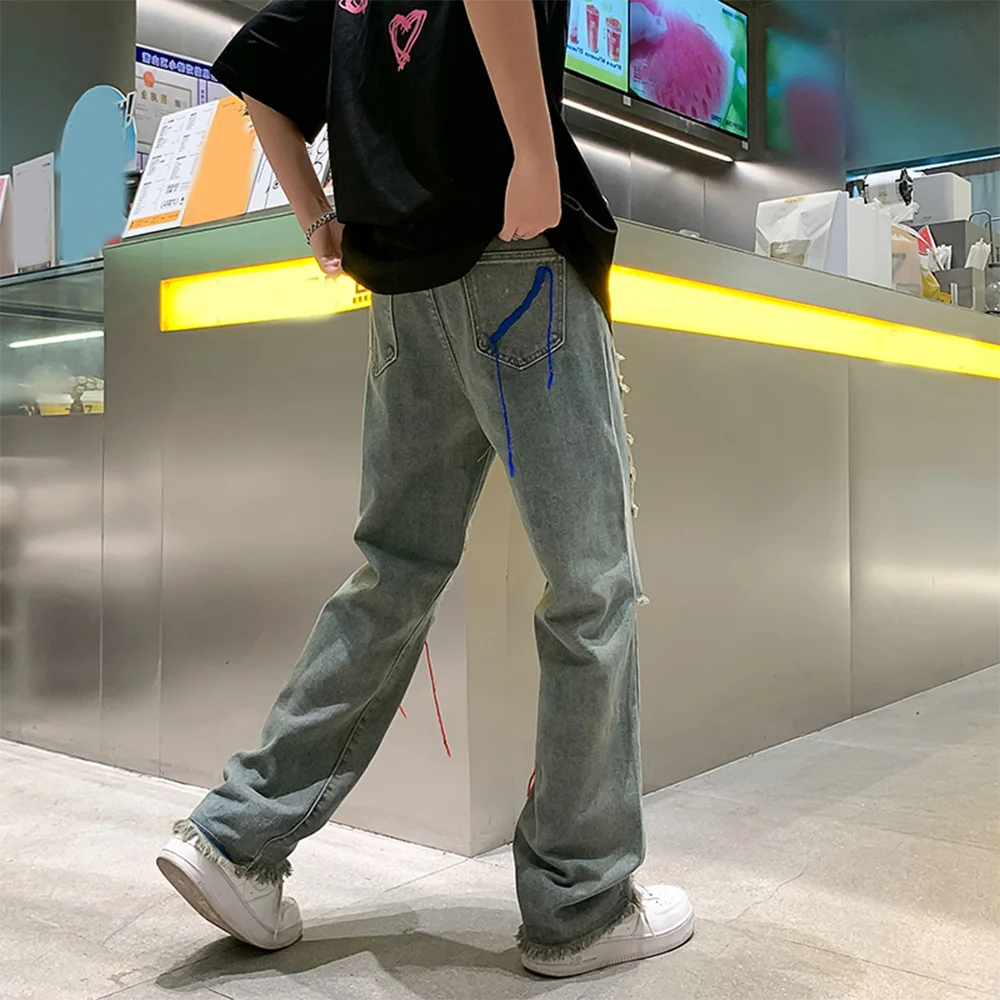 Men Y2k Jeans Baggy Ripped Fashion Vintage Blue Hole Pants Casual Gothic Straight Hip Hop Male Denim Streetwear Clothes