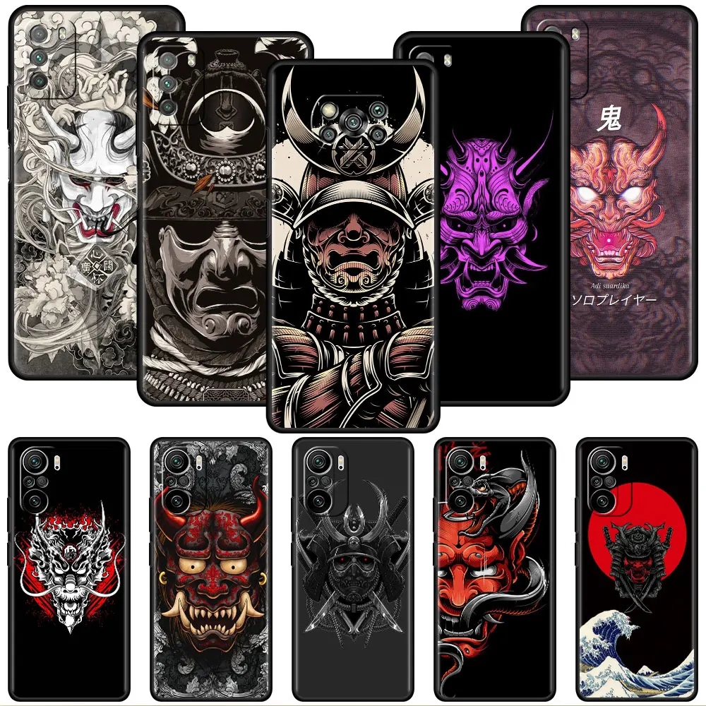 

Soft Case for Xiaomi Redmi Note 11 5G 12 10 9 8 7 Pro 9S K40 9C 9A 10C 8T 10S Black Silicone Cover Capa Samurai Oni Mask