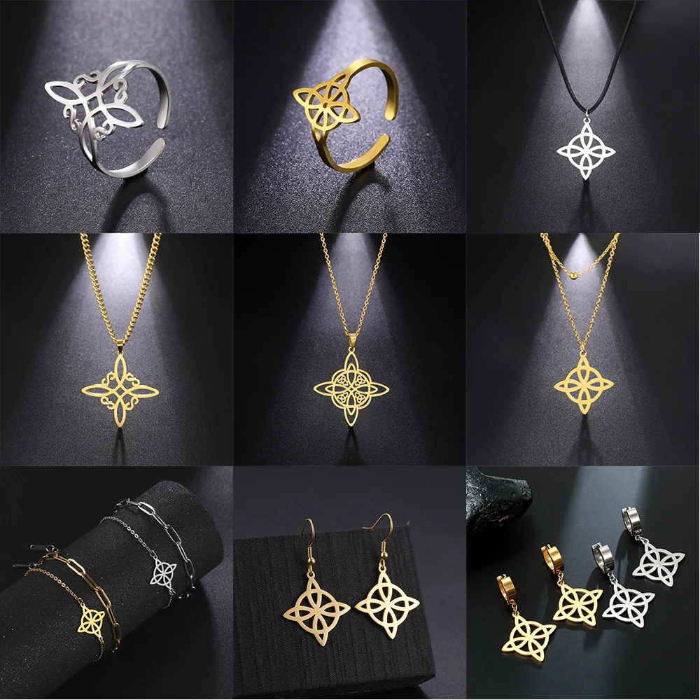 

Witch Knot Necklace Rings Earring Jewelry Set Women Stainless Steel Celtic Knot Pendant Necklace Bracelet Witchcraft Amulet Gift