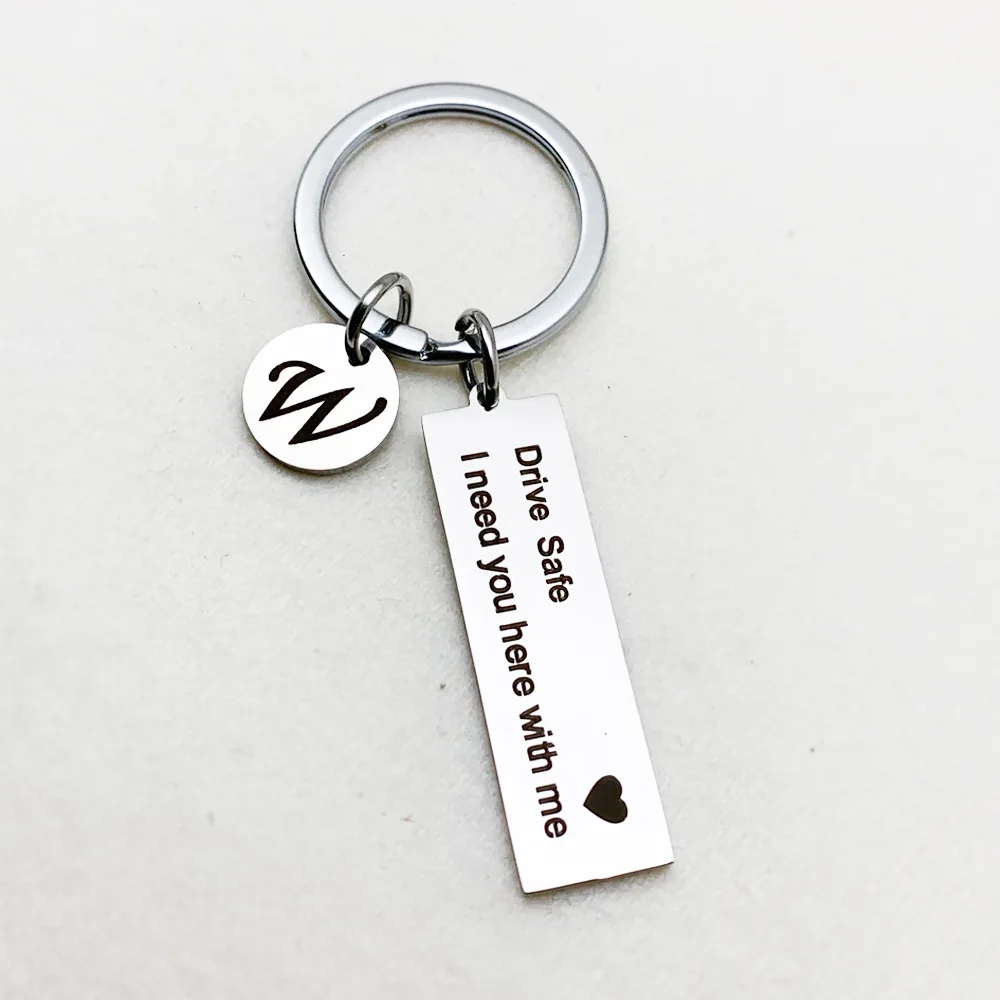 Stainless Steel Name Keychain Silver Color Personalized Fashion Hot Round Letter Keychain Drive Safe I Need You Here With me images - 6