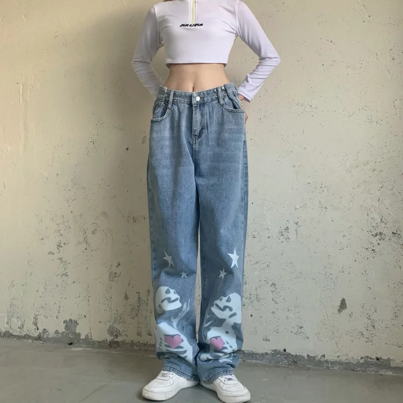 

Gothic Jeans Women's High Waist Wide Leg Pants Skull Print 2022 Korean Fashion High Street Loose Straight Denim Trouser