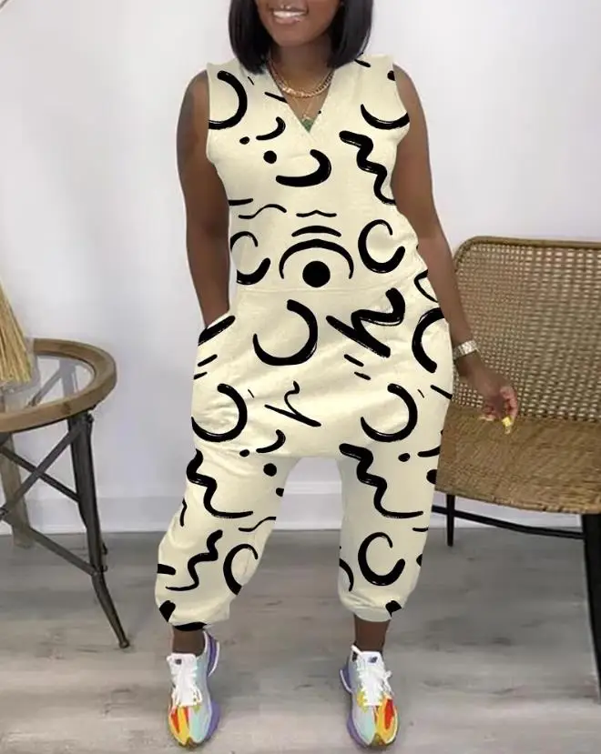 2023 Summer Women's Jumpsuit Fashion Abstract Print Pocket Sleeveless Wide Leg Pants Casual Temperament Commute Elegant Jumpsuit