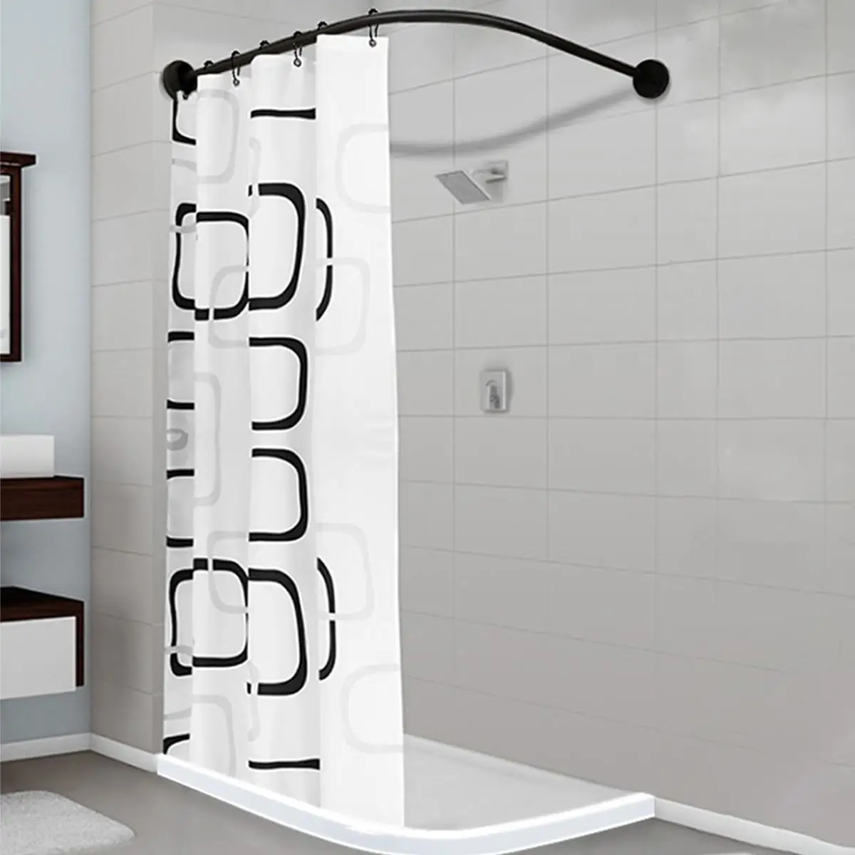 

Extendable Corner Shower Curtain Rod Pole Black Stainless Steel Rail Rod Bar Bath Door Hardware Heavy Loaded With 12 Metal Hooks