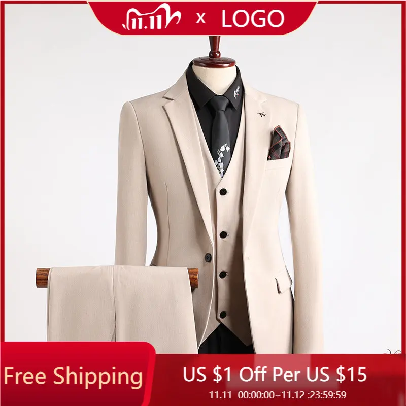 

2023Spring and Autumn High-quality (suit + Vest + Trousers) Men's Large Size Slim Fashion Wedding Dress Business Three-piece Set