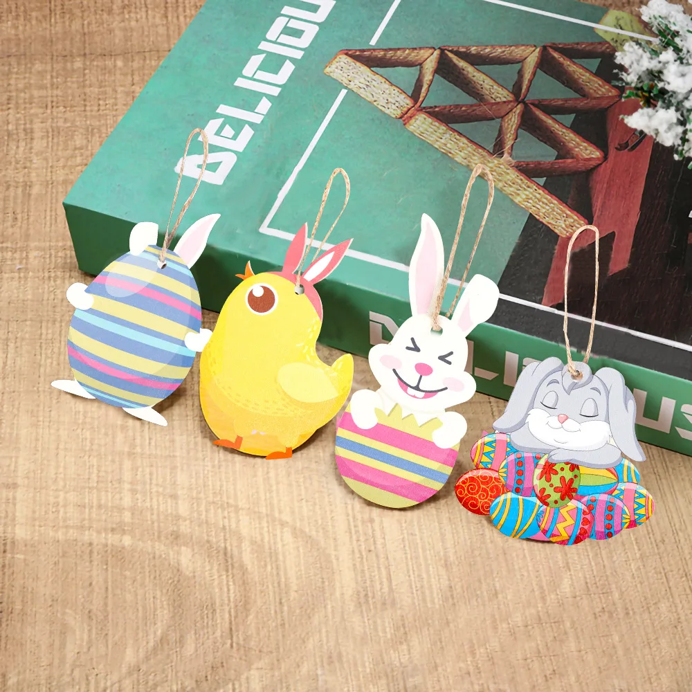 Деревянный кулон в форме пасхального яйца с дизайном птицы кролика и цыпленка