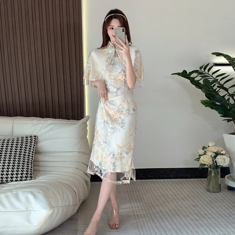 

Women Summer Graceful Embroidery Mesh Two Pieces Dress Set New Tassel Shawl+Lady Elegant Spaghetti Strap Midi Dresses