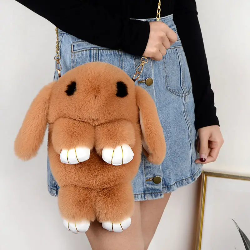 

2022 New Cute Plush Rabbit Fur Pompon Bunny Backpack Handbag Women Girls Fluffy Eyelash Rabbit Chains Messenger Bag Party Gift