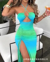 susexy hollow halter neck tight dress 2022 summer womens fashion party dresses contrast color slim high fork club dress