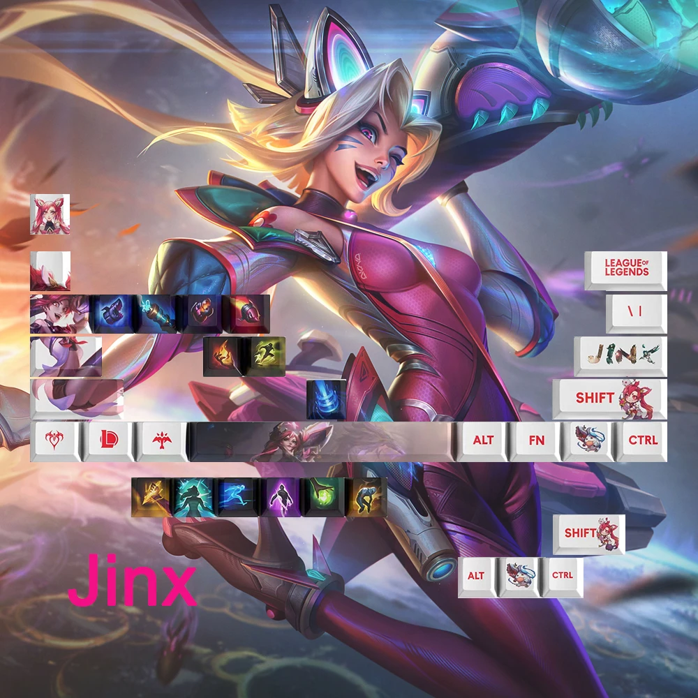 Фото Колпачки для клавиш League of Legends 34 клавиши OEM Profile Mini Set PBT Dye Sublimation Keycaps для Mx Switch Viego Gwen Aatrox ZED Jinx Kayn №1