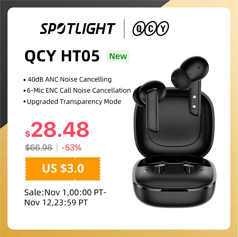 QCY HT05 ANC беспроводные наушники 40 дБ с шумоподавлением Bluetooth 5,2 наушники 6 Mic ENC HD Call TWS наушники режим прозрачности - наушники