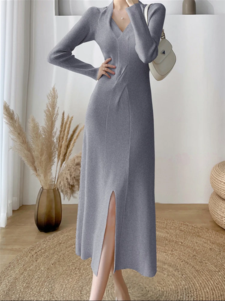 

New Clothing Korean Sweater Dress Women Knitted 2022 Dresses Warm Vintage Elegant Solid Autumn Thick Woman Winter Vestido Femme