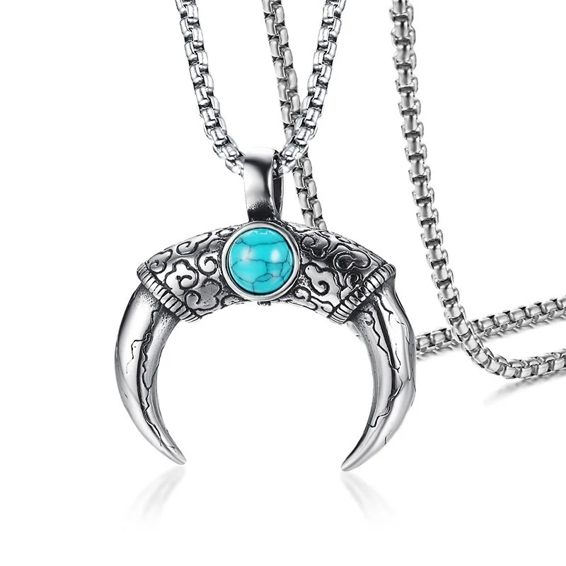 

Hot Sale New Fashion Stainless Steel Turquoise Horn Pendant Necklace for Women Men Punk Party Jewelry