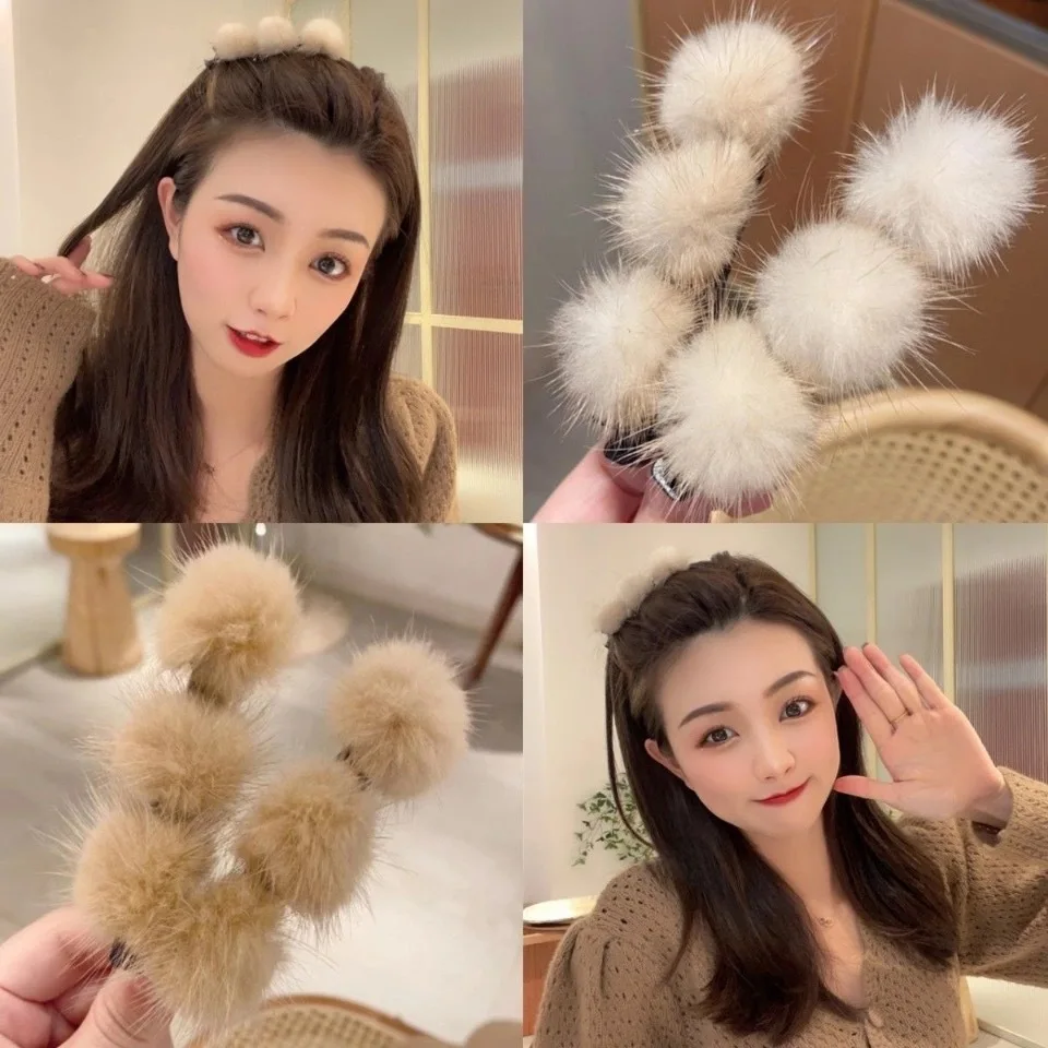 

1Pc Girls Hairpins with Small Fur 3-Pompom Ball Gripper Hairball Pom Hairclips Women Hair Clip Accessories Braid Styling Tool