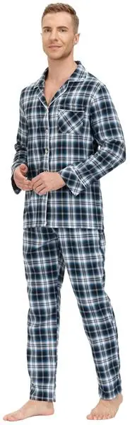 Mens Long Pajama Set Plaid Plaid Sleepwear Cotton Button Down PJ Set 56 M-2XL
