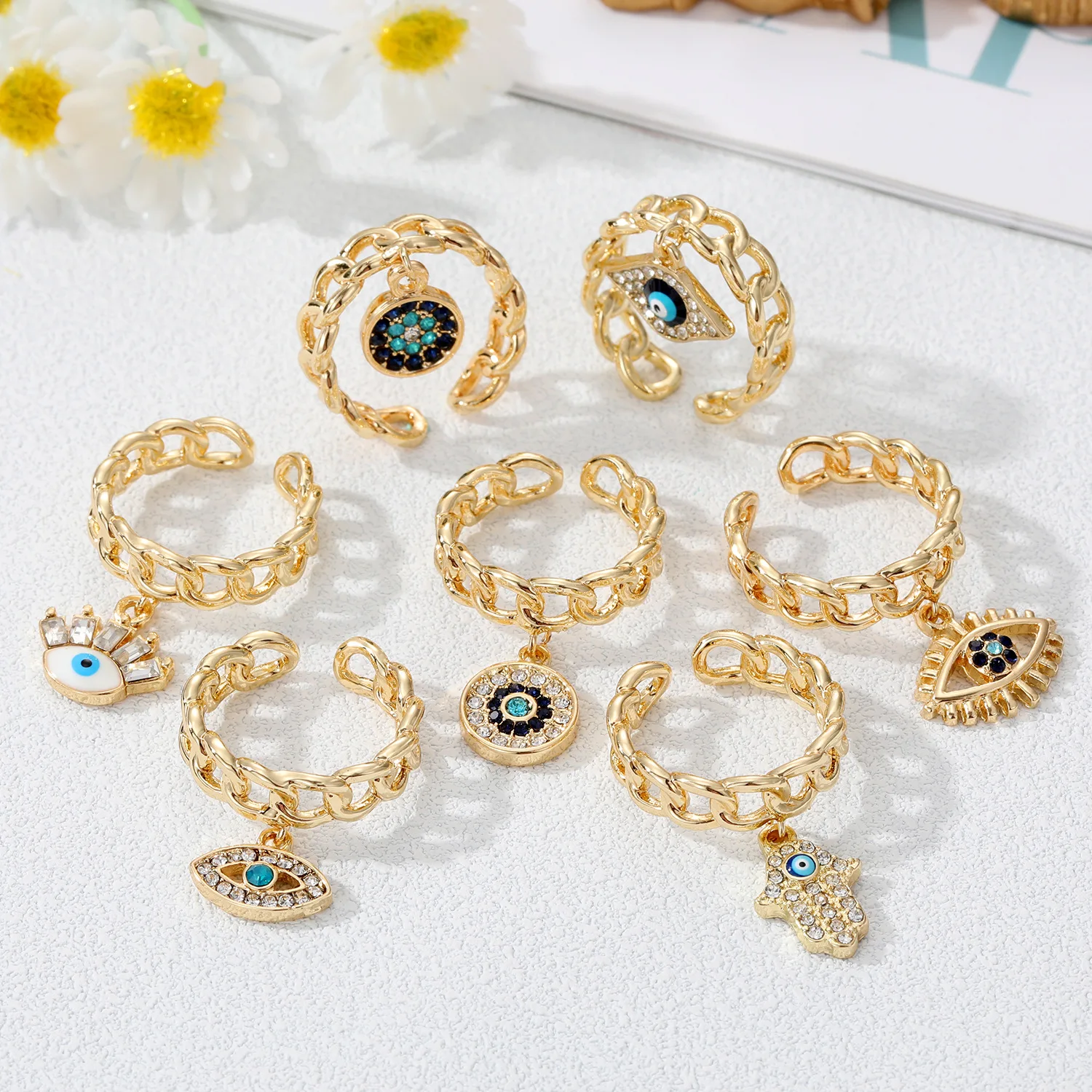 

New Fashion Devil's Eye Versatile Personality Hollow Inlaid Zircon Ring Jewelry
