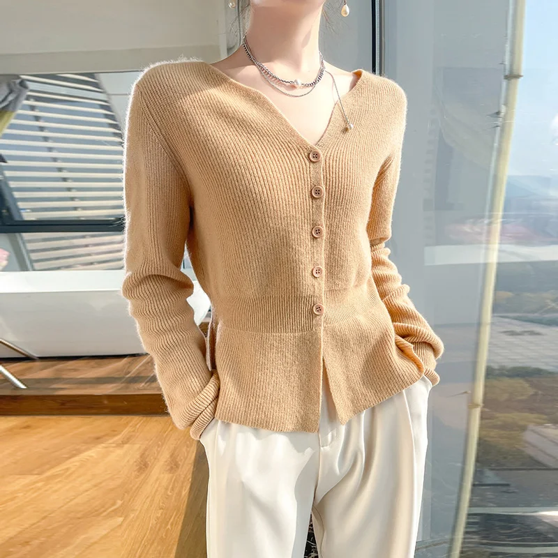 Однотонная Корейская блузка на пуговицах с V-образным вырезом новинка кардиган в