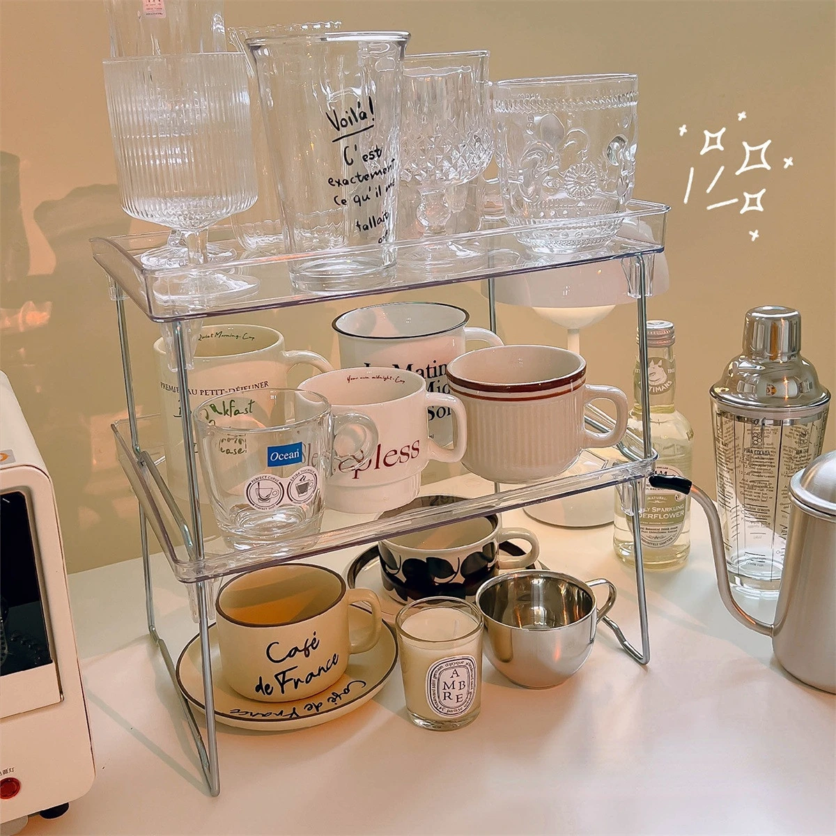 

Nordic Acrylic Transparent Storage Rack for Jewelry Cosmetics Ornaments Foldable Stackable Kitchen Cup Mug Glass Organizer Shelf