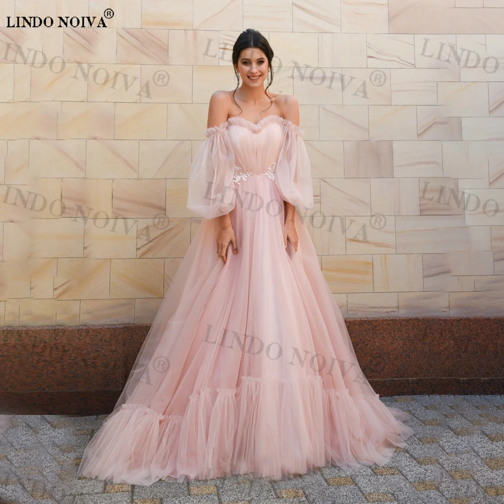 

Кружевное свадебное платье LINDO NOIVA с открытыми плечами и аппликацией, розовое Тюлевое длинное бальное платье со съемными длинными рукавами, свадебное платье на шнуровке