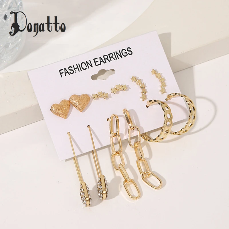 

6 Pairs Earrings Set for Women Heart Crystal Paper Clip Long Drop Dangle Circle Piercings Earring Imitation Pearl Ear Jewelry