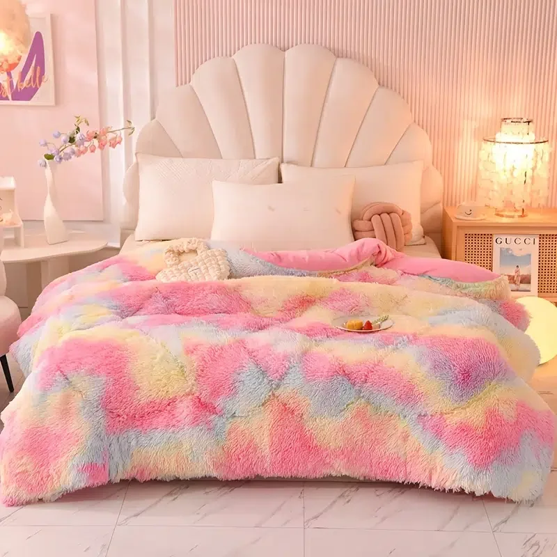 

1pc Flannel & Milk Velvet Comforter, Milk Velvet In One Side, Flannel In Another Side, Soft & Warm Rainbow Bed Blanket For Wint