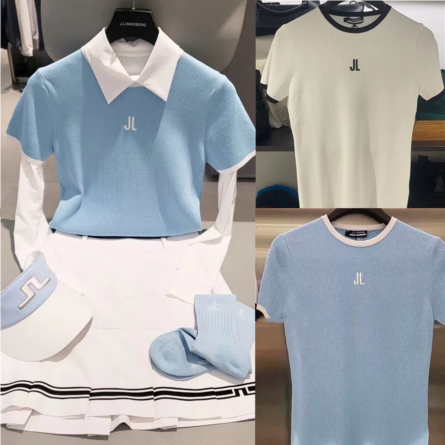 

Golf clothes women's crewneck elastic color matching thin short-sleeved sweater ice silk fabric large elastic