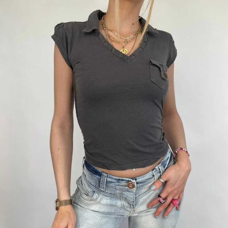

Harajuku Grey Cargo Crop Top Pocket Summer Short Sleeve V Neck T-shirt Y2K Aesthetic Retro Tees Pullovers Women Vintage Clothes