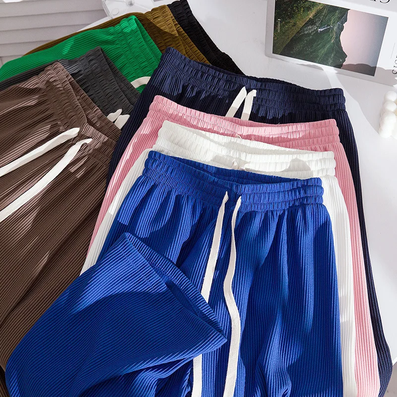 

Женские брюки, весна-осень 2022, полосатые плиссированные широкие брюки на шнуровке, свободные драпированные Прямые повседневные женские брюки с высокой талией