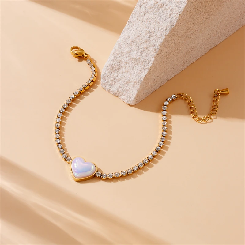 Женский браслет с цирконом MEYRROYU из нержавеющей стали 316L разноцветным сердцем 2024