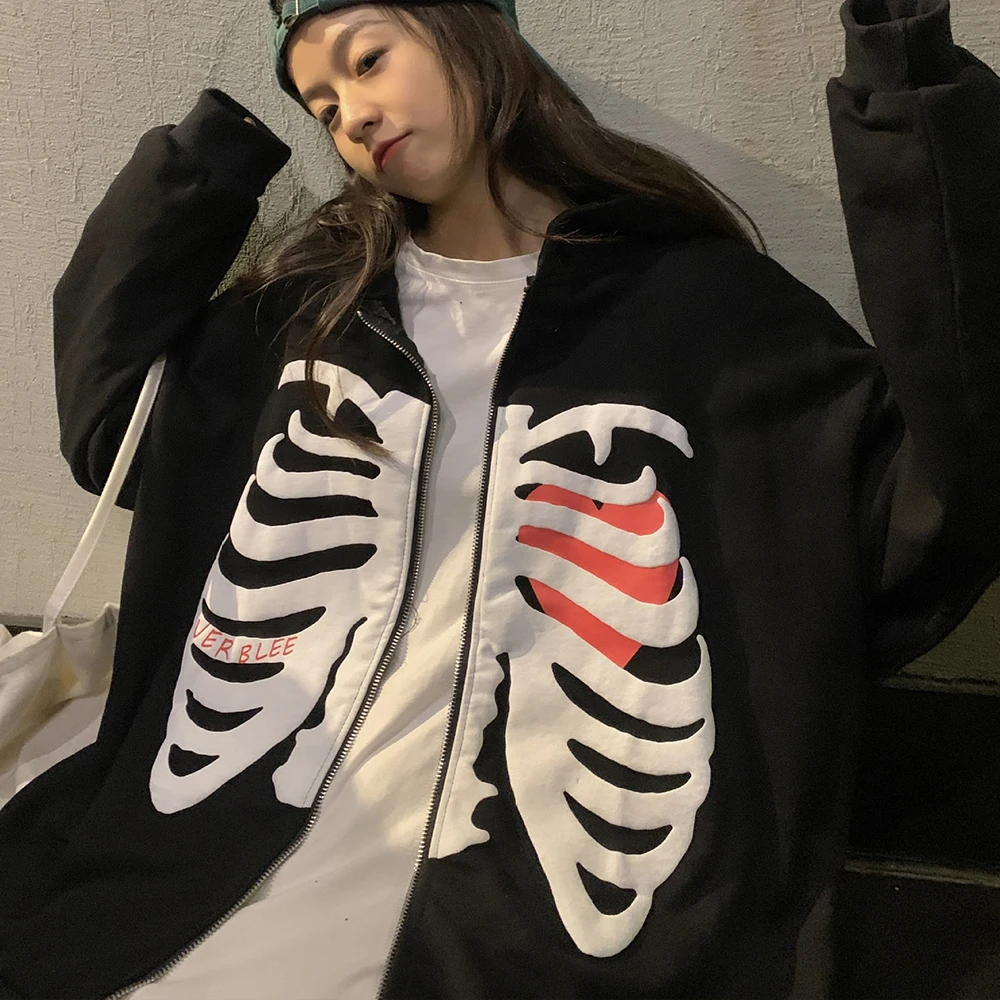 

2023 Fashion Y2k Skeleton Hoodies Women Gothic Black Zip Up Oversized Sweatshirt Ladies Retro Harajuku Hooded Jacket Streetwear