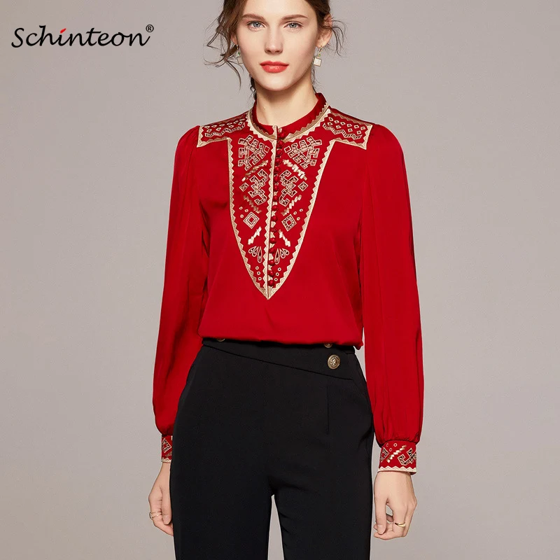 

Schinteon Women Real Silk Embroidered Hollow Out Blouse Stand Collar Long Sleeved Elegant Pullover Shirt 2022 Spring Autumn Top