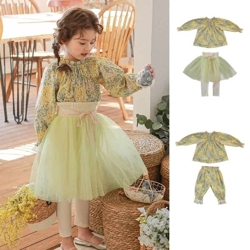 

Girls' Shirt 2023 Spring New Bubble Sleeve Print Girls' Tops Cotton Fashion Cute Mesh Skirt Floral Trousers Children's Clothing